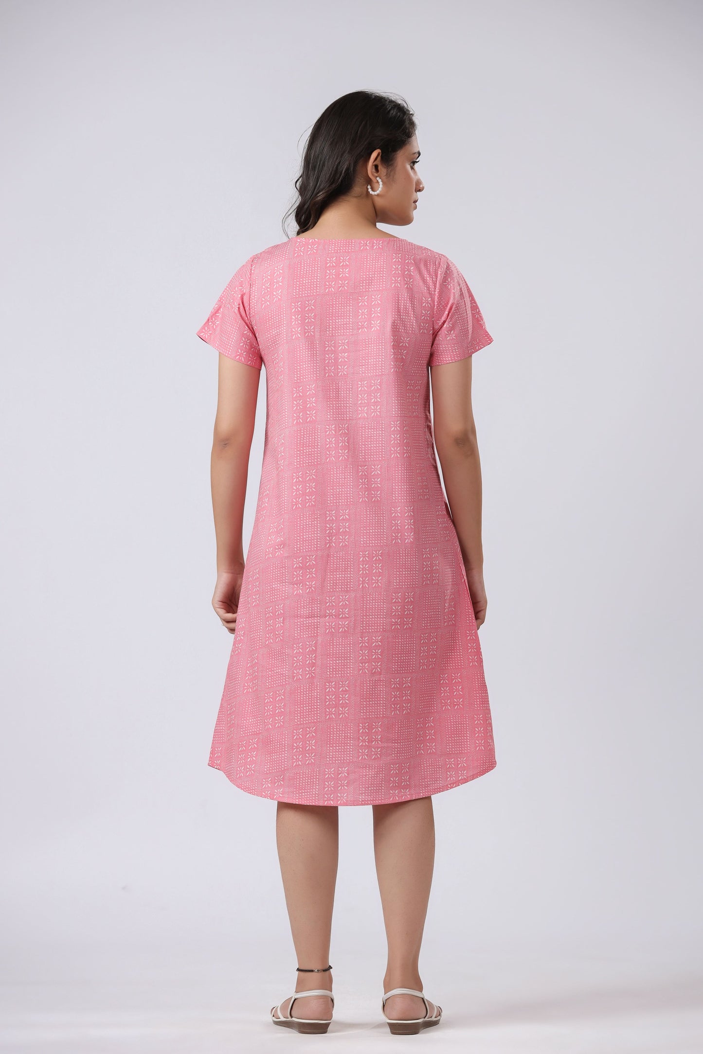 Sustainable Cotton Nightgown - Peach & White Round Neck Sleep Dress