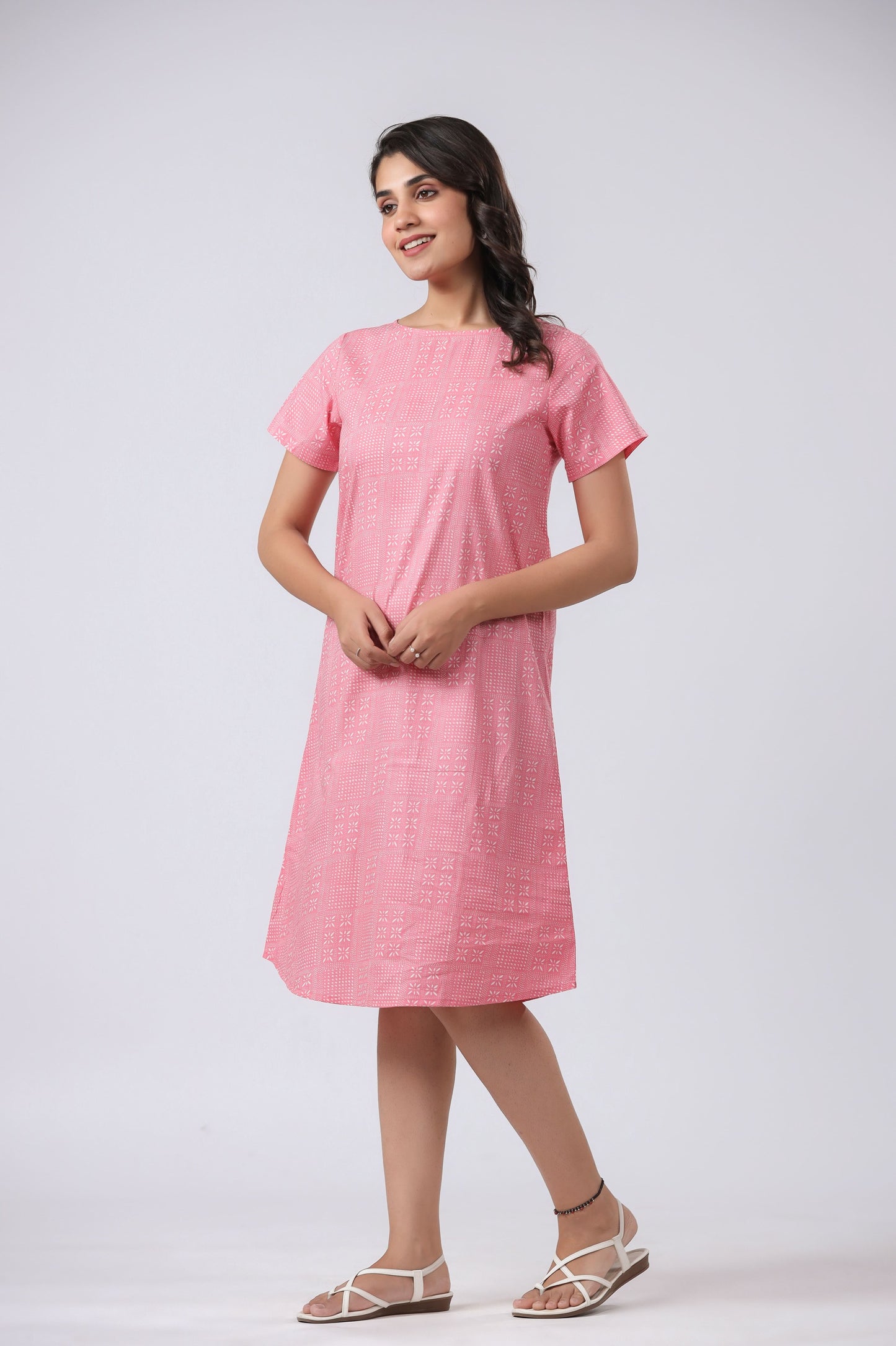 Sustainable Cotton Nightgown - Peach & White Round Neck Sleep Dress