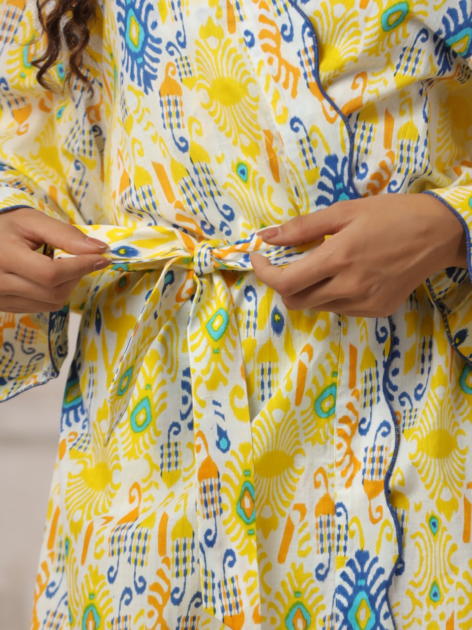 Yellow with Blue & Orange Jaipur Hand Block Printed Bathrobe