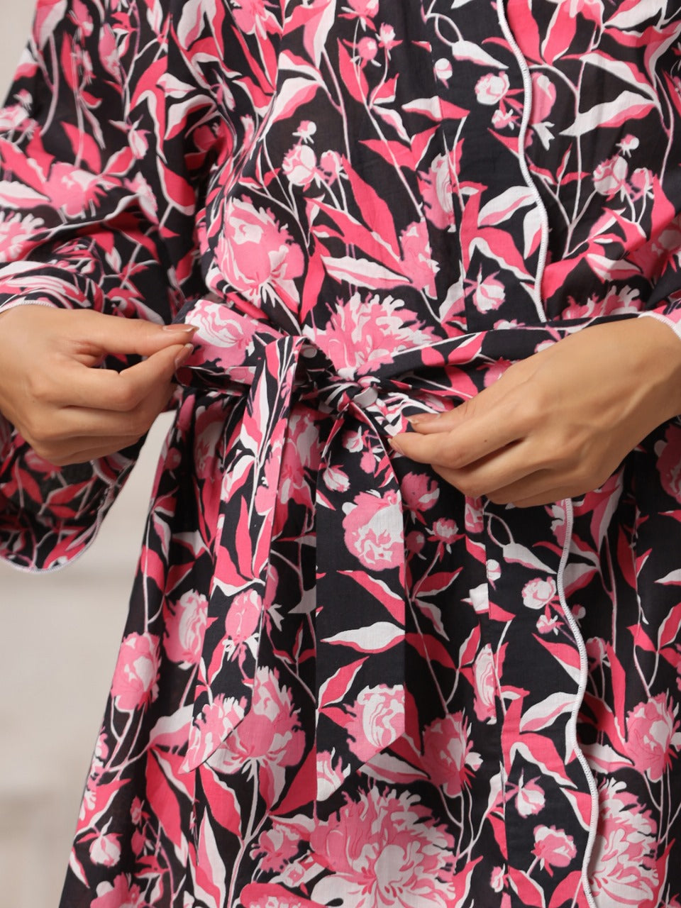 Black with Radish Pink Jaipur Hand Block Printed Bathrobe