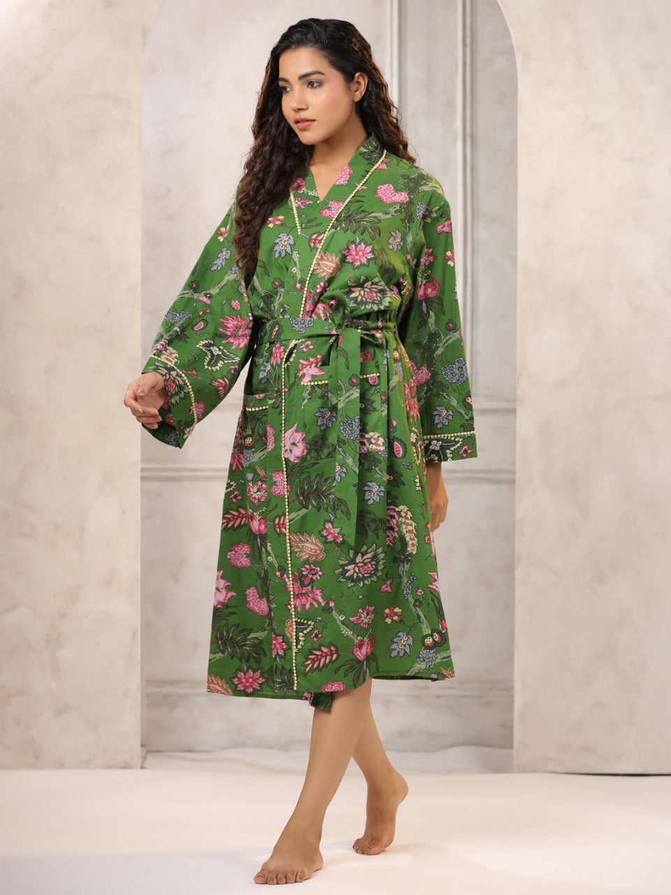 Green with Pink Jaipur Hand Block Printed Bathrobe