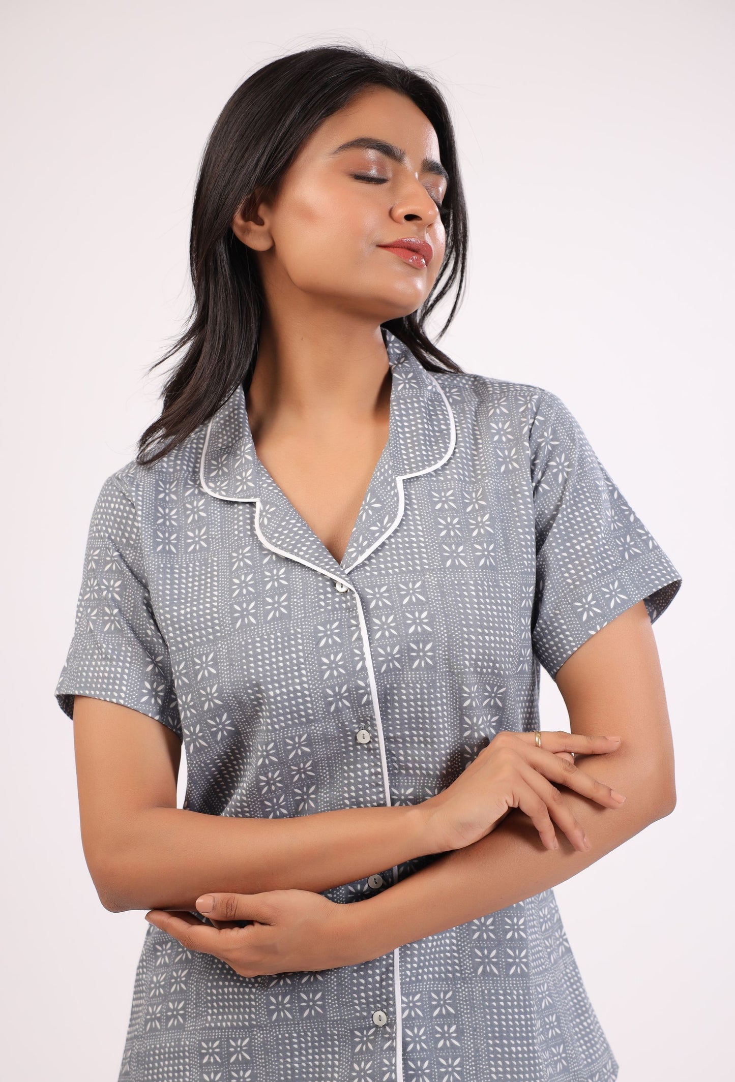 SERENE SLEEPWEAR GREY PRINTED NIGHT DRESS