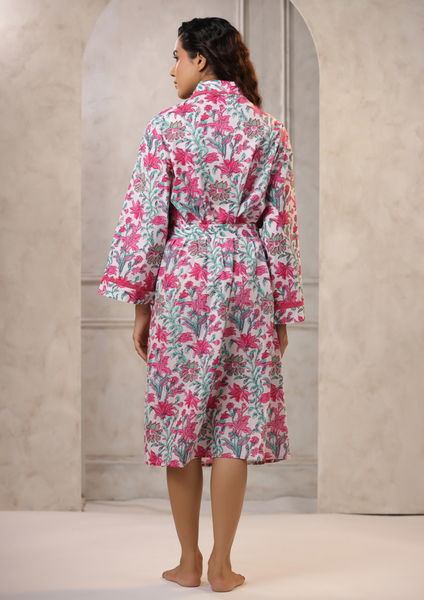 White with Pink & Green Jaipur Hand Block Printed Bathrobe