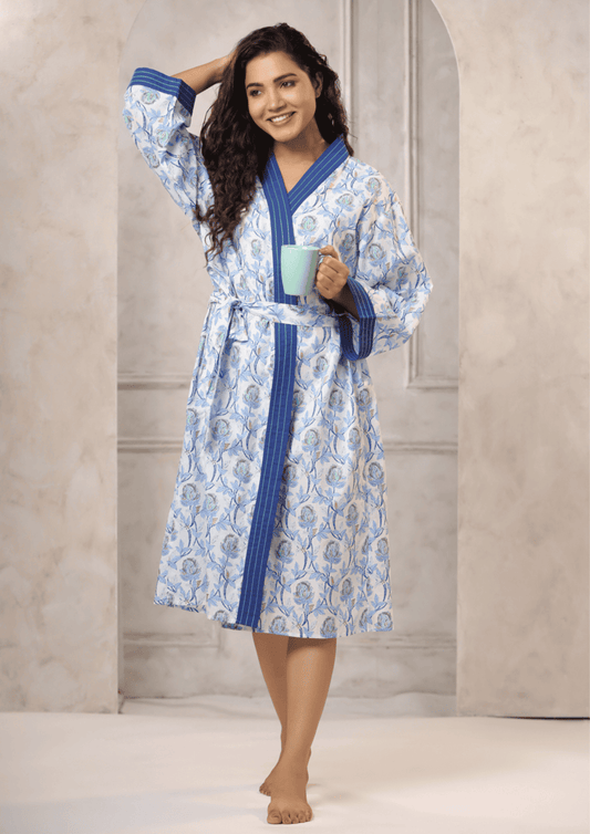 Women’s Organic Cotton Jaipur Handblock Floral Bath Robe – Blue & White