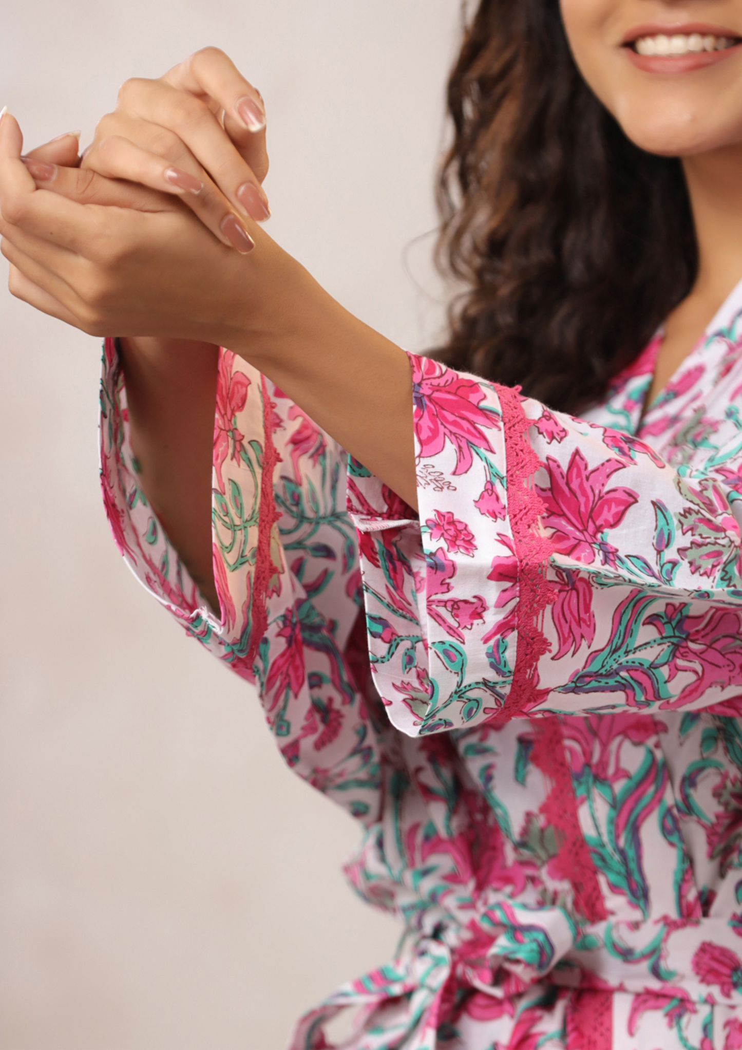 White with Pink & Green Jaipur Hand Block Printed Bathrobe
