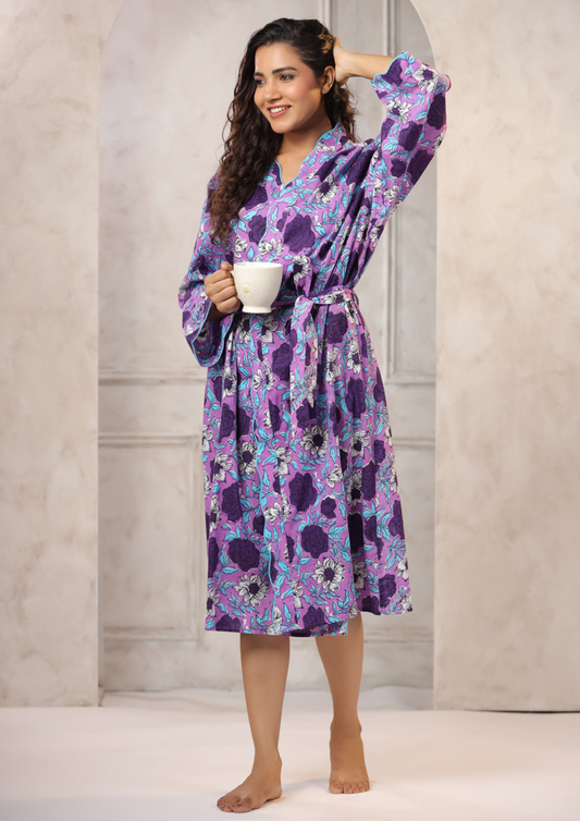 Purple with Blue Jaipur Hand Block Printed Bathrobe