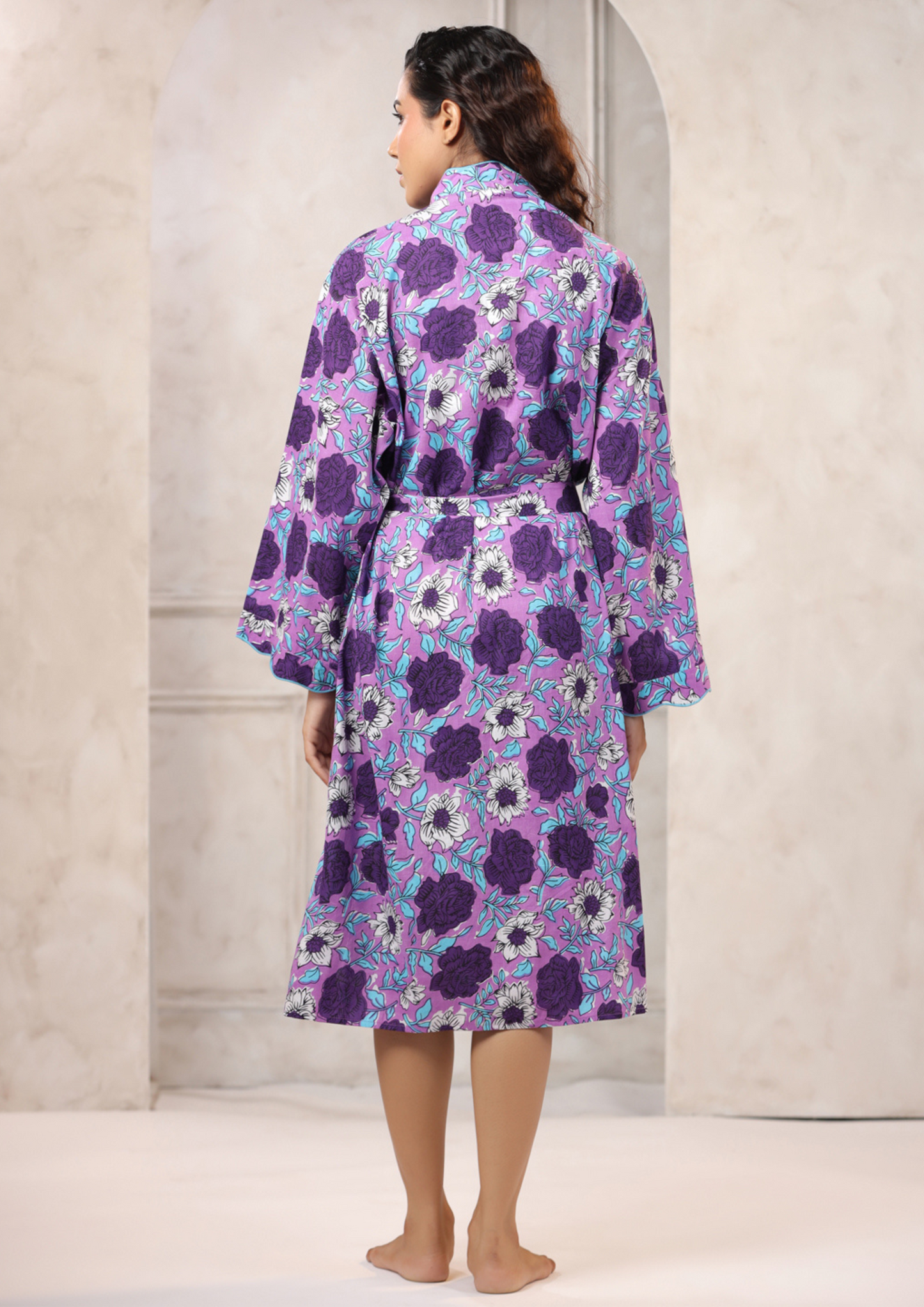 Purple with Blue Jaipur Hand Block Printed Bathrobe