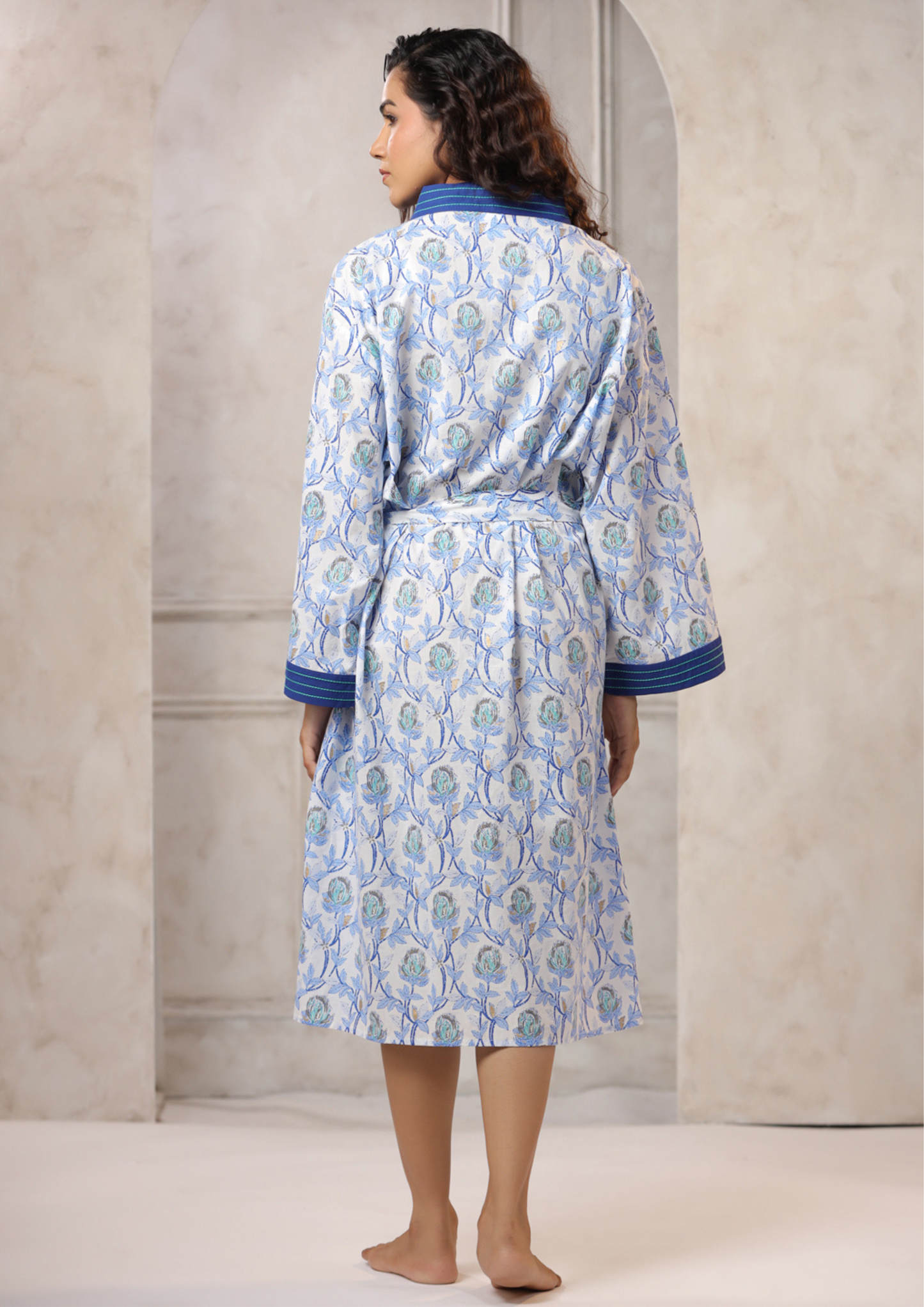 Women’s Organic Cotton Jaipur Handblock Floral Bath Robe – Blue & White