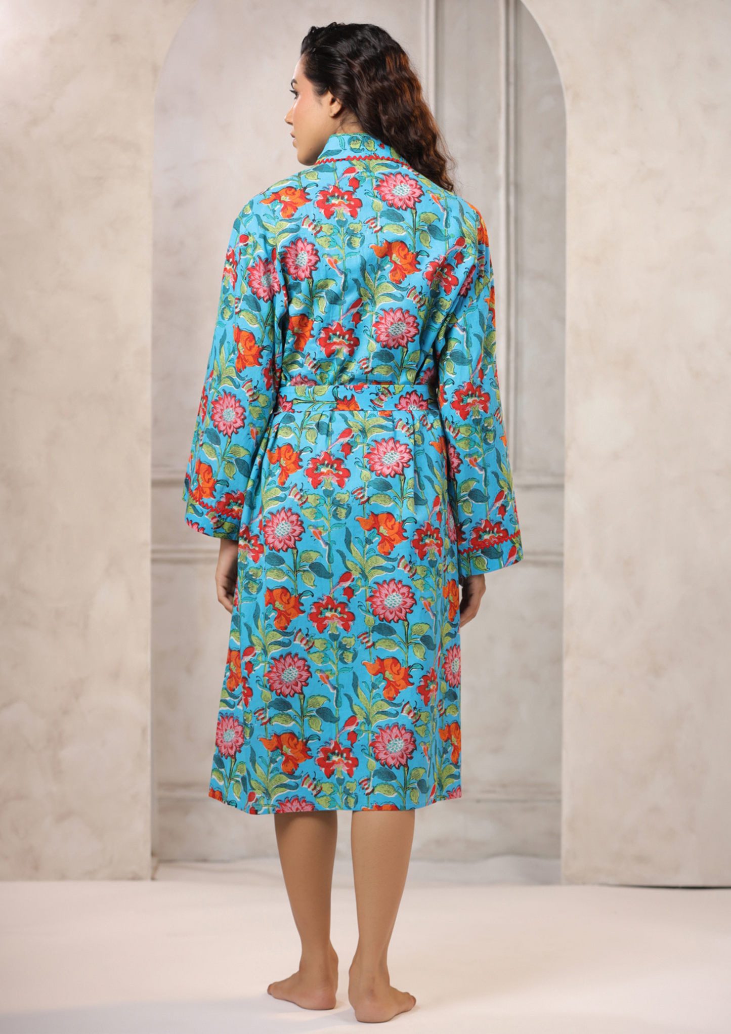 Sky blue with Red Jaipur Hand Block Printed Bathrobe