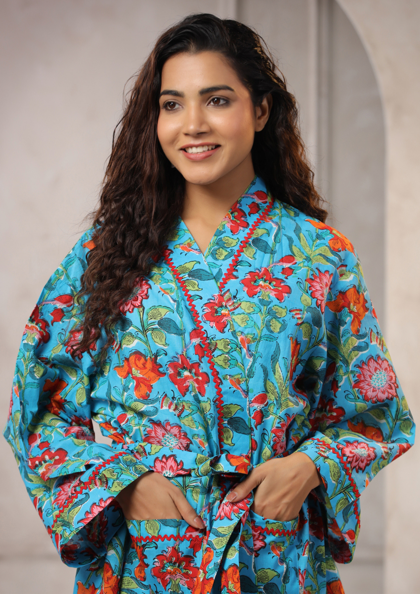 Sky blue with Red Jaipur Hand Block Printed Bathrobe