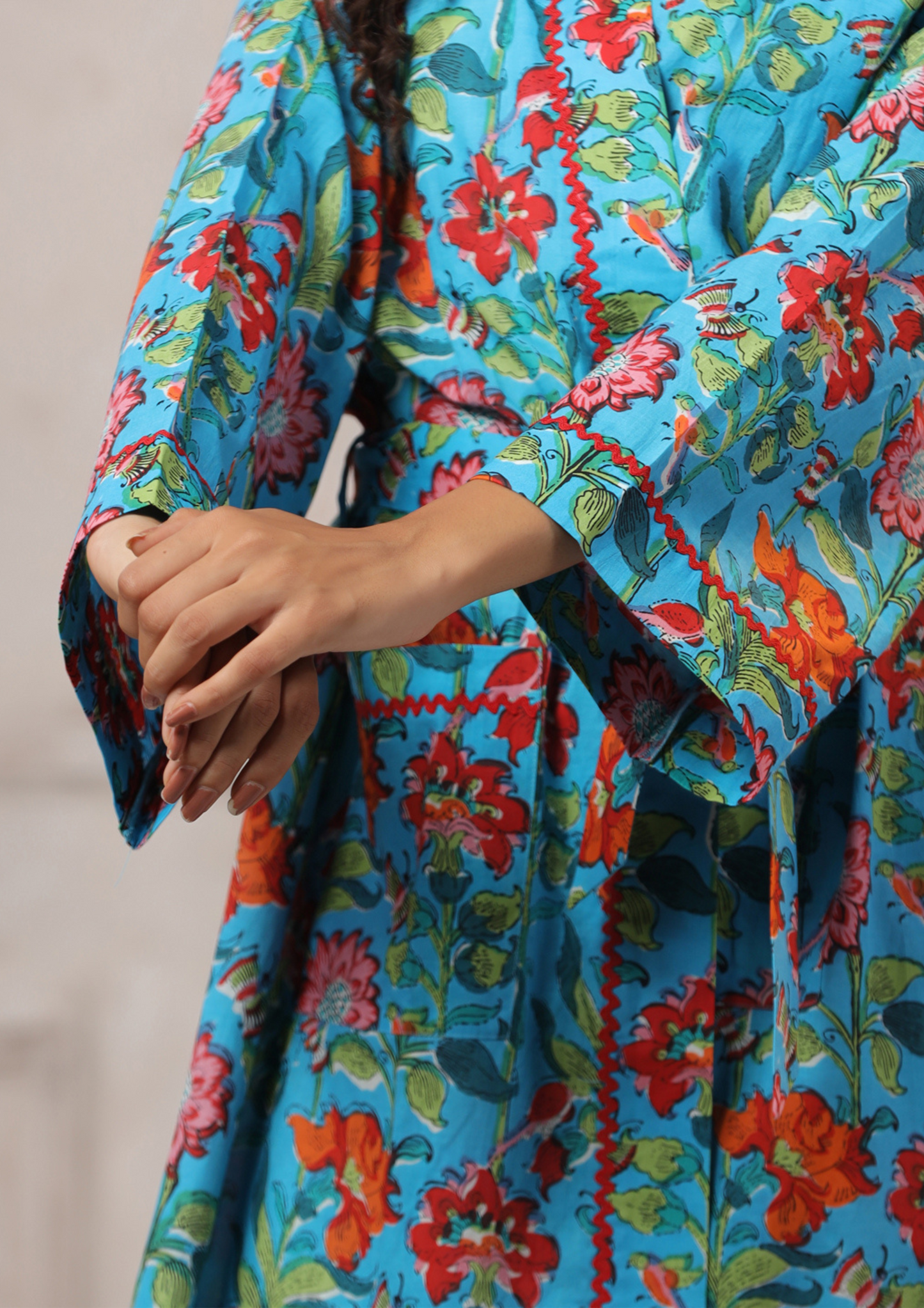 Sky blue with Red Jaipur Hand Block Printed Bathrobe