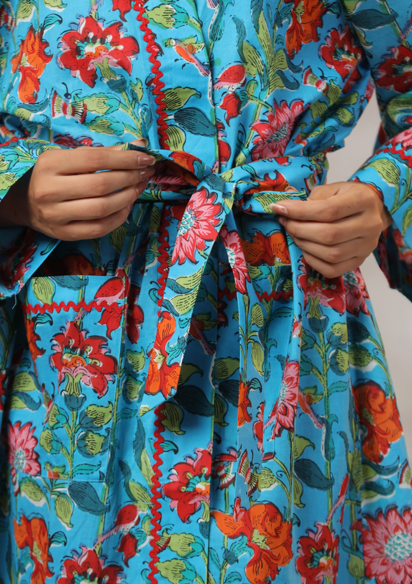 Sky blue with Red Jaipur Hand Block Printed Bathrobe