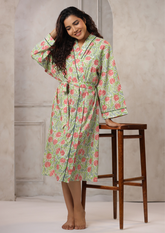 Light Green with Pink & Gray Jaipur Handblock Floral Bathrobe