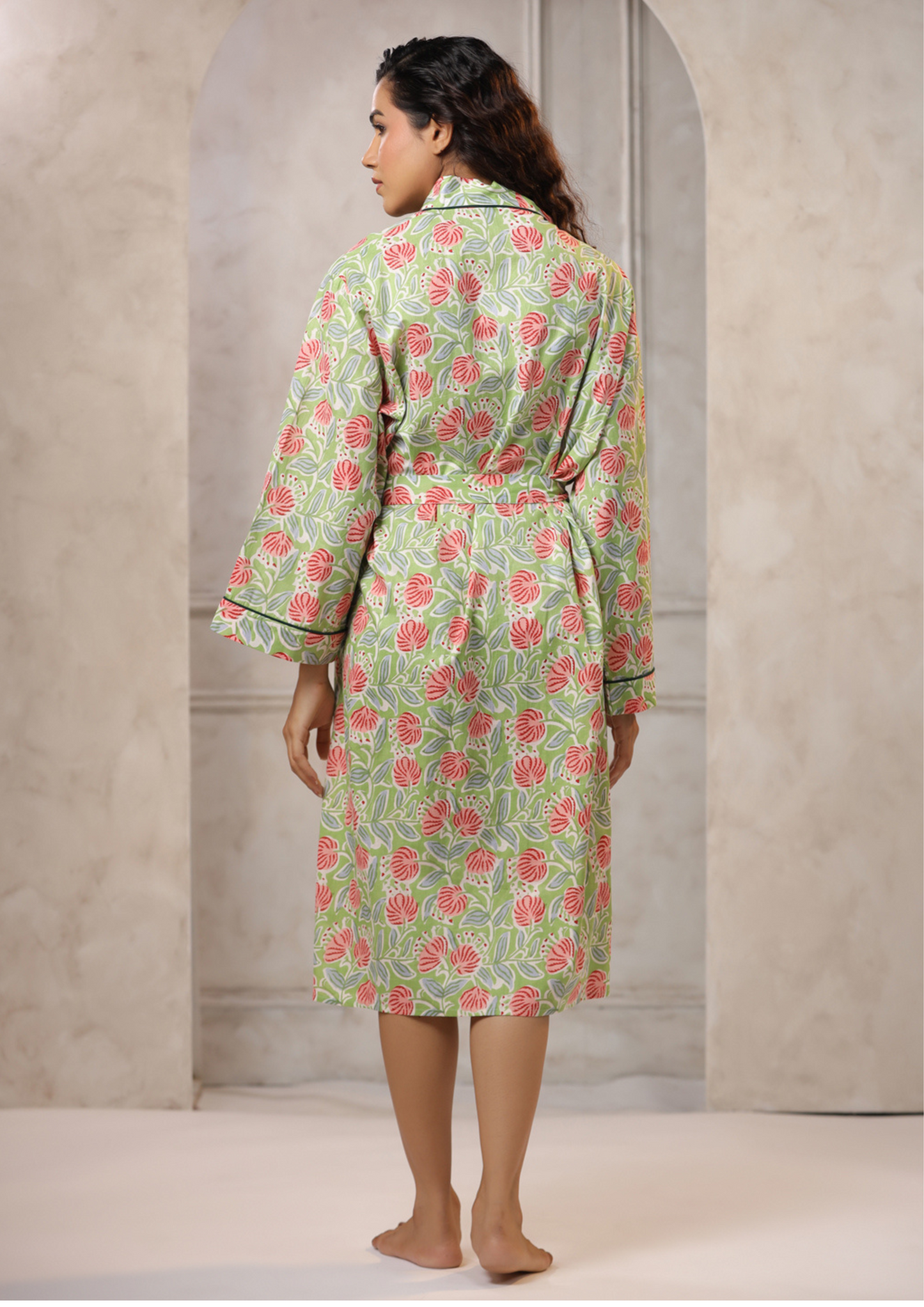 Light Green with Pink & Gray Jaipur Handblock Floral Bathrobe