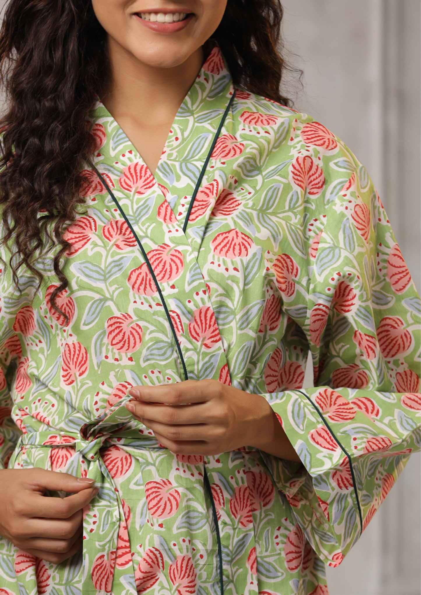 Light Green with Pink & Gray Jaipur Handblock Floral Bathrobe