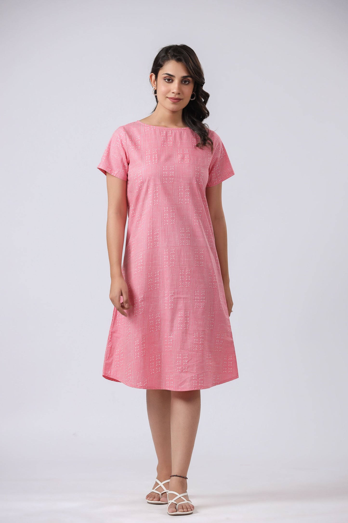 Sustainable Cotton Nightgown - Peach & White Round Neck Sleep Dress