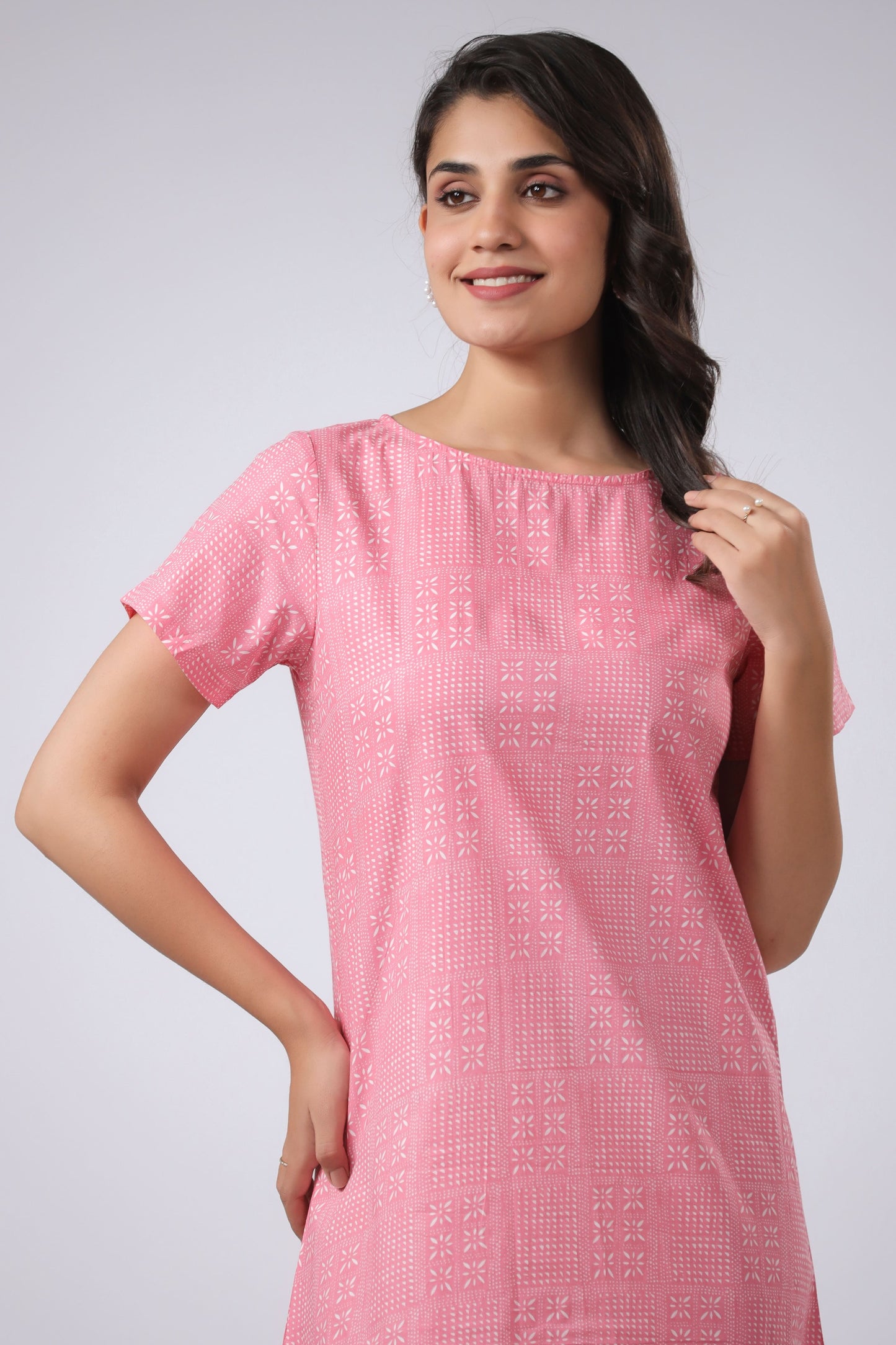 Sustainable Cotton Nightgown - Peach & White Round Neck Sleep Dress