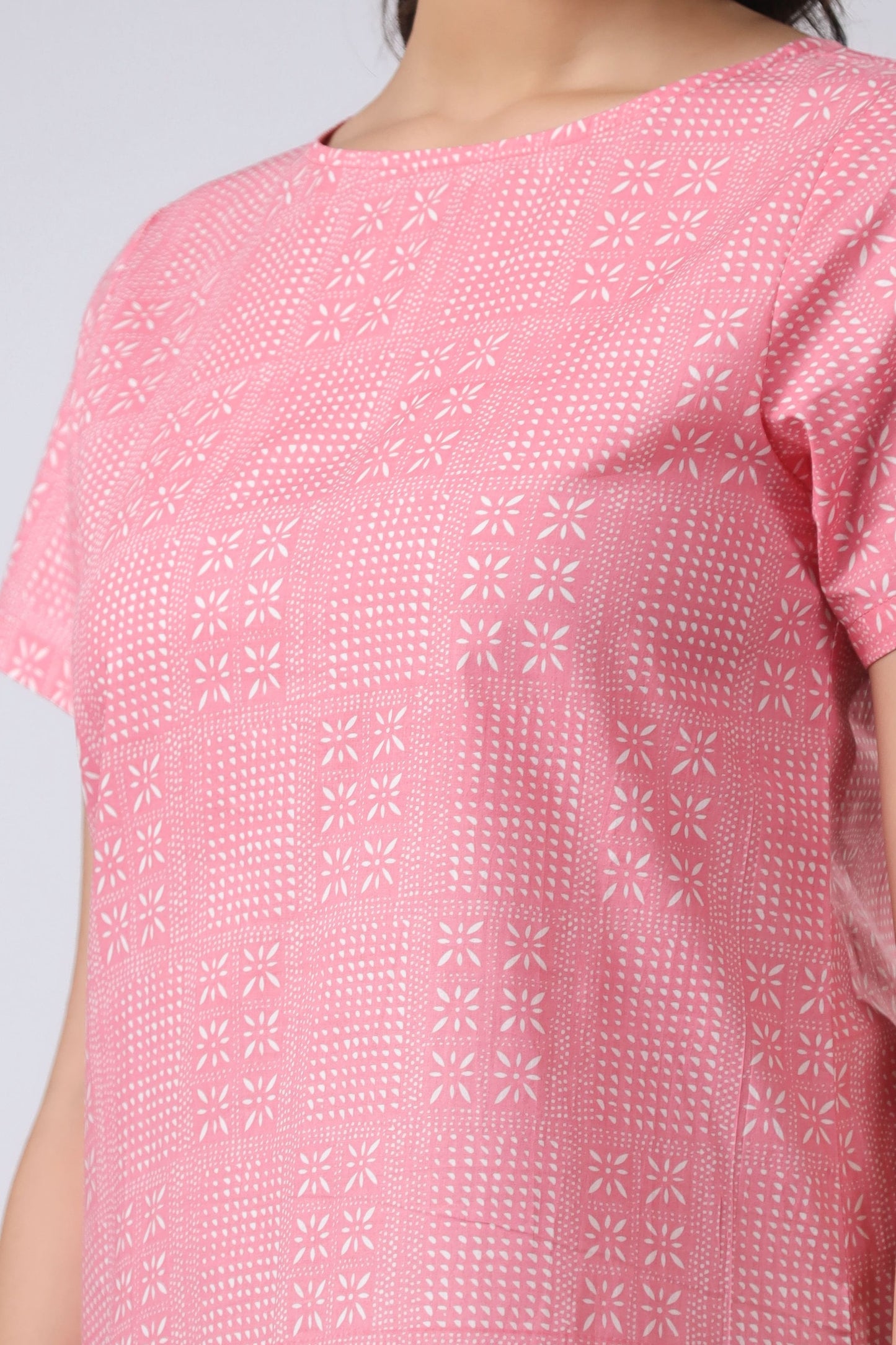 Sustainable Cotton Nightgown - Peach & White Round Neck Sleep Dress