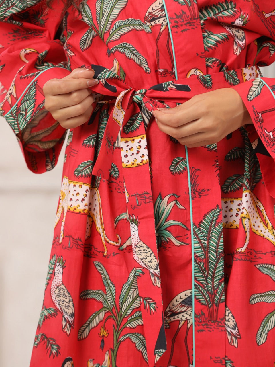 Red with Jaipur Hand Block Printed Bathrobe
