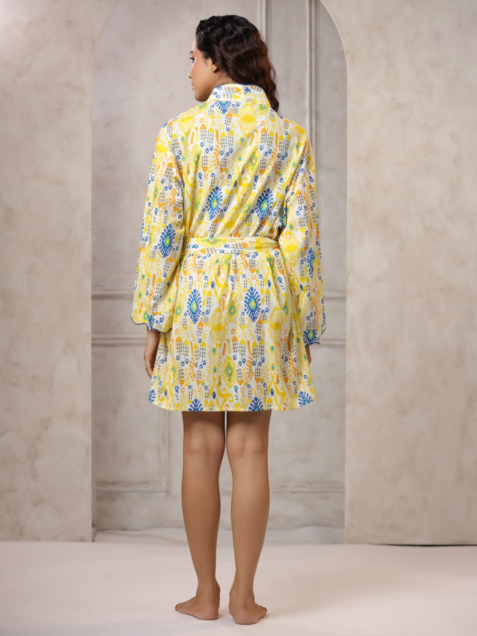 Yellow with Blue & Orange Jaipur Hand Block Printed Bathrobe
