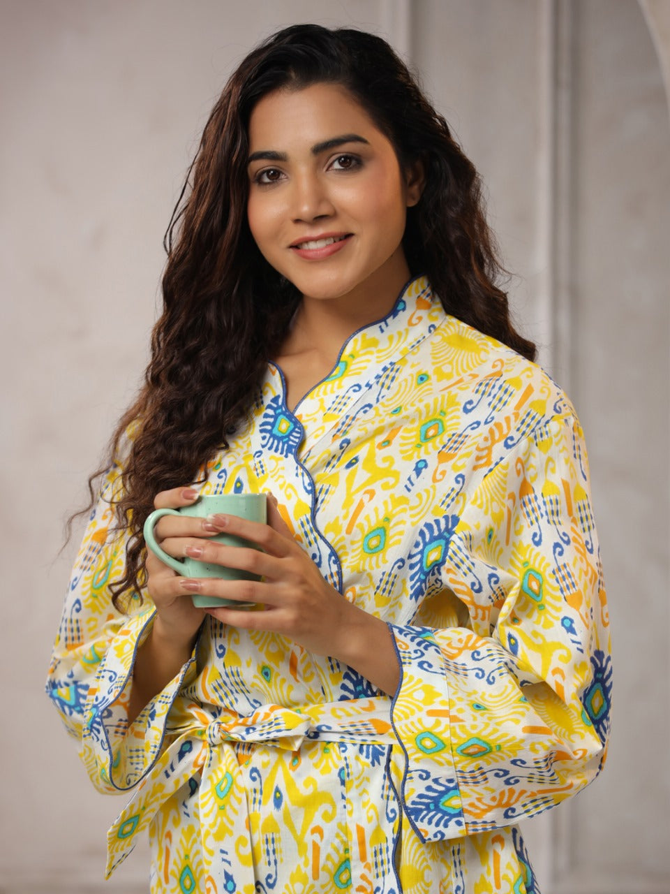 Yellow with Blue & Orange Jaipur Hand Block Printed Bathrobe