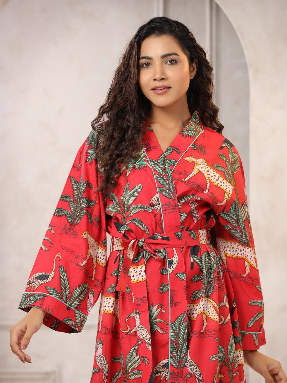 Red with Jaipur Hand Block Printed Bathrobe