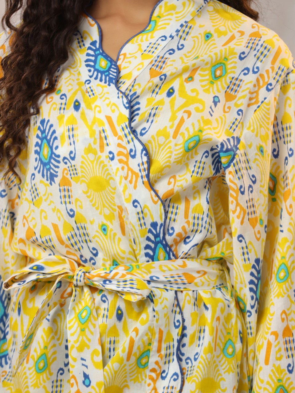 Yellow with Blue & Orange Jaipur Hand Block Printed Bathrobe
