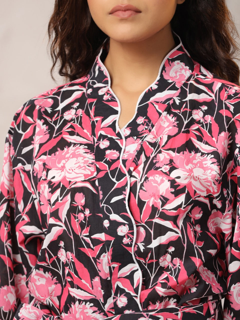 Black with Radish Pink Jaipur Hand Block Printed Bathrobe