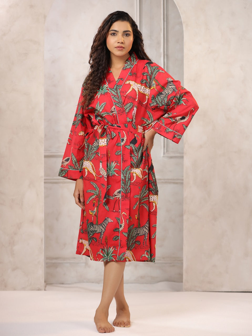 Red with Jaipur Hand Block Printed Bathrobe