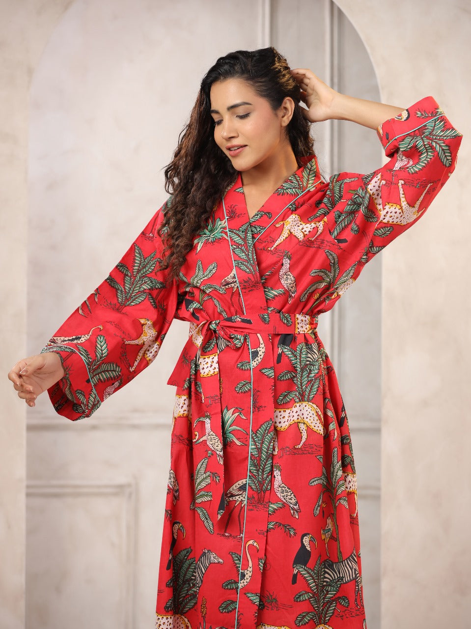 Red with Jaipur Hand Block Printed Bathrobe