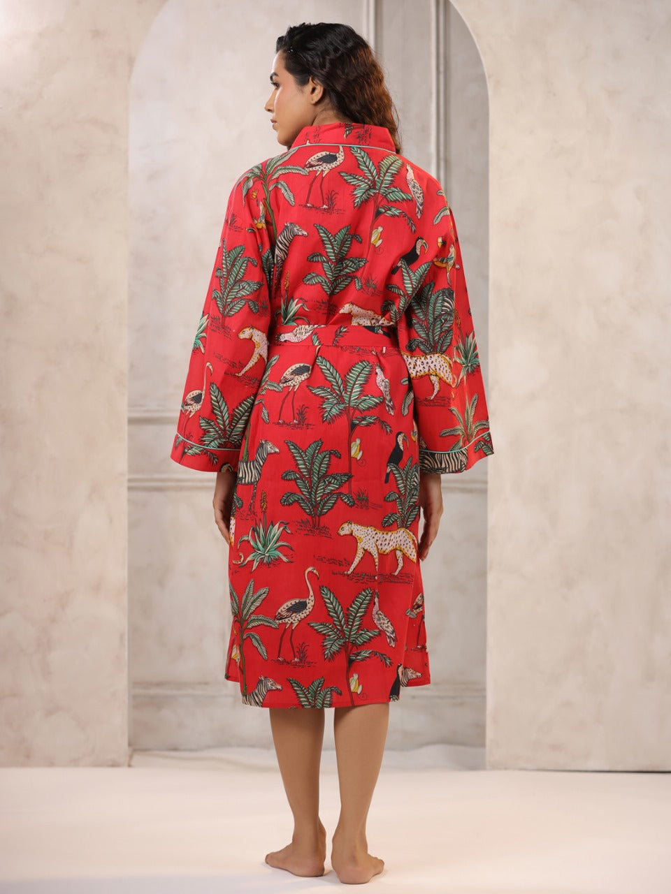 Red with Jaipur Hand Block Printed Bathrobe