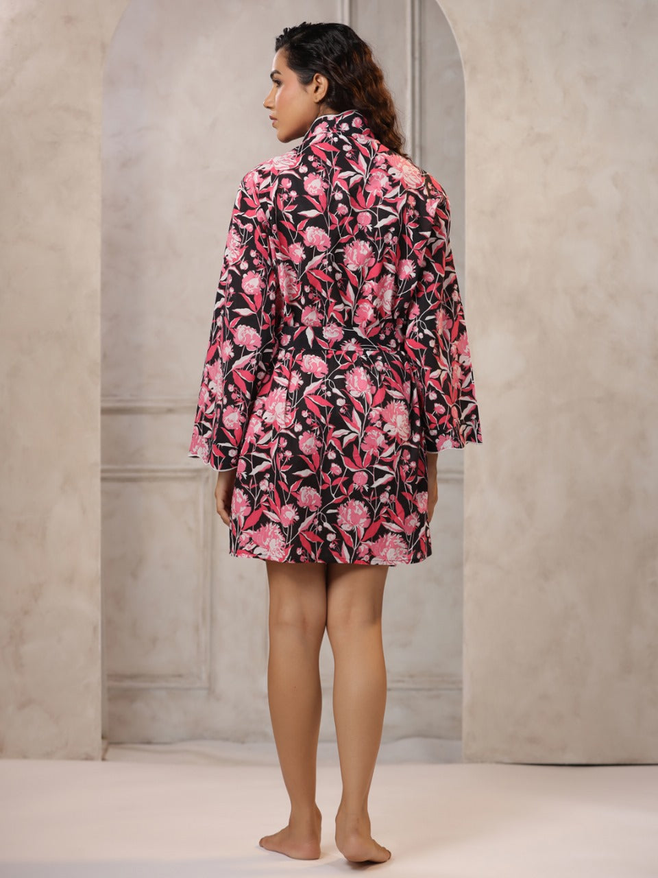 Black with Radish Pink Jaipur Hand Block Printed Bathrobe