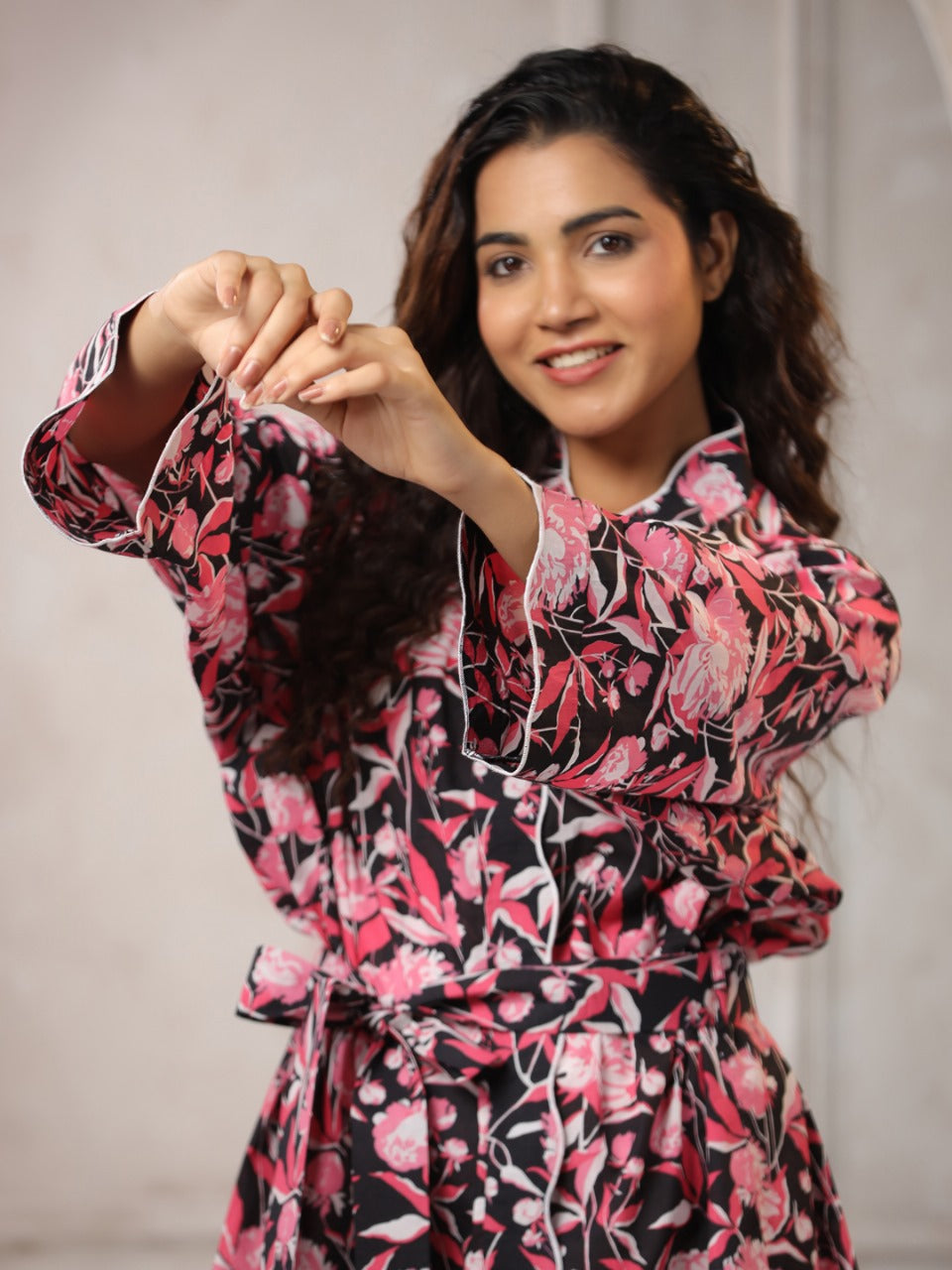 Black with Radish Pink Jaipur Hand Block Printed Bathrobe