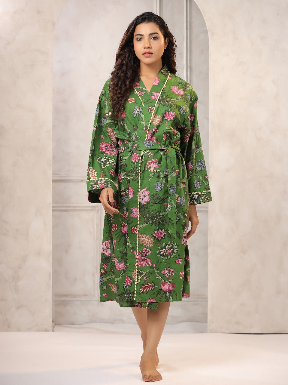 Green with Pink Jaipur Hand Block Printed Bathrobe