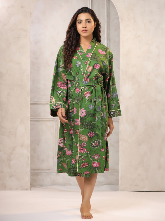 Green with Pink Jaipur Hand Block Printed Bathrobe