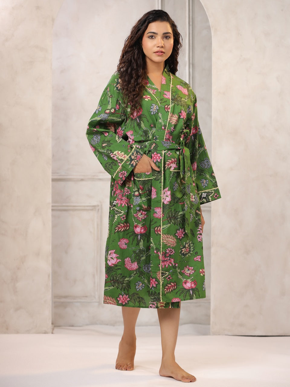 Green with Pink Jaipur Hand Block Printed Bathrobe