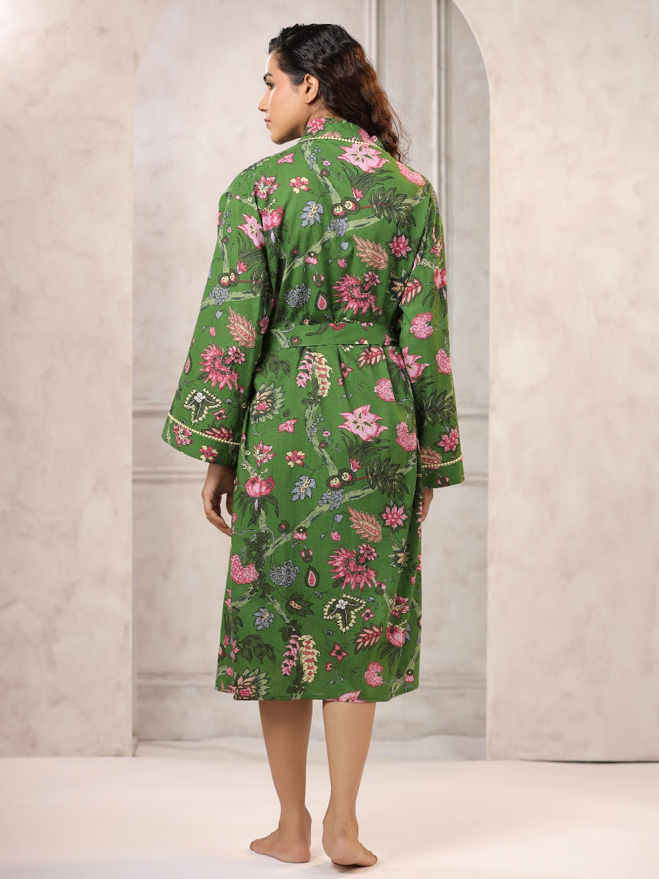 Green with Pink Jaipur Hand Block Printed Bathrobe