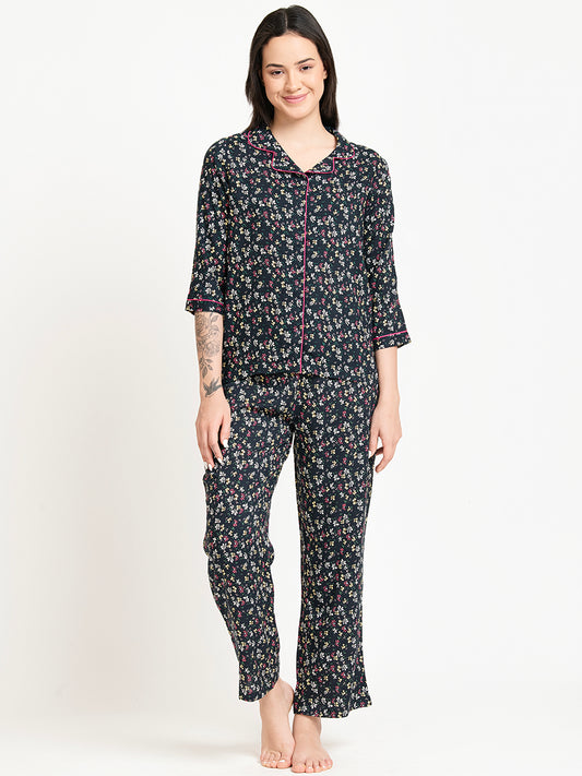 Black Floral Printed Night Suit