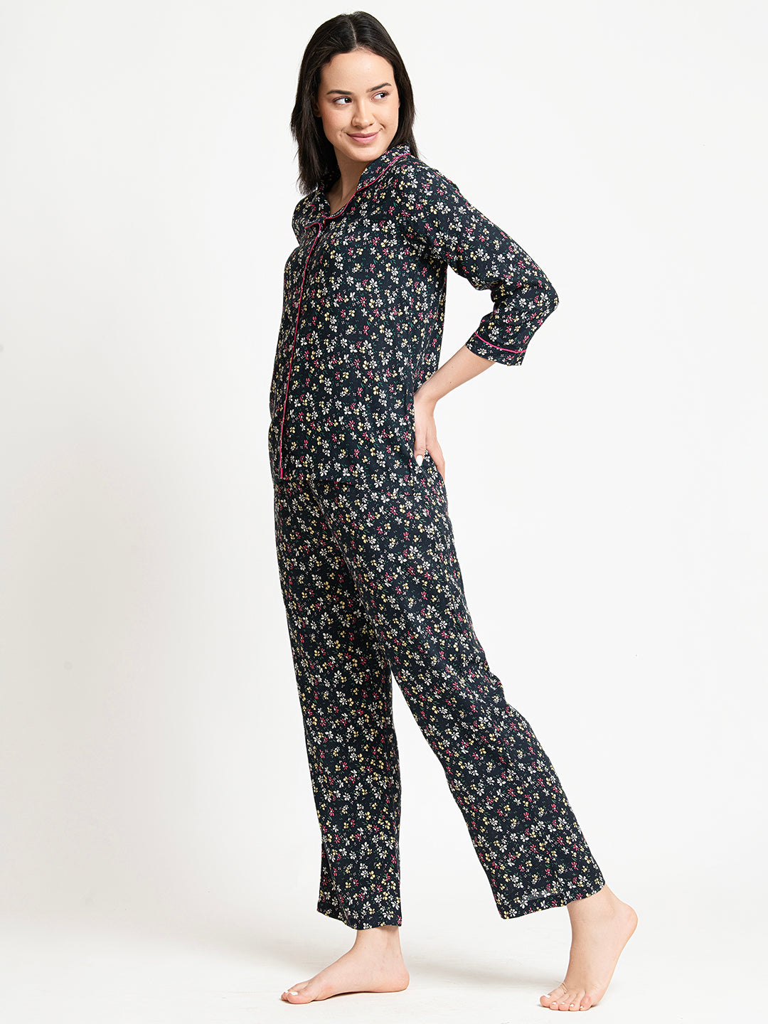 Black Floral Printed Night Suit