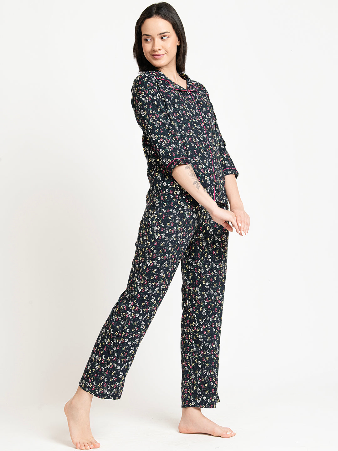 Black Floral Printed Night Suit