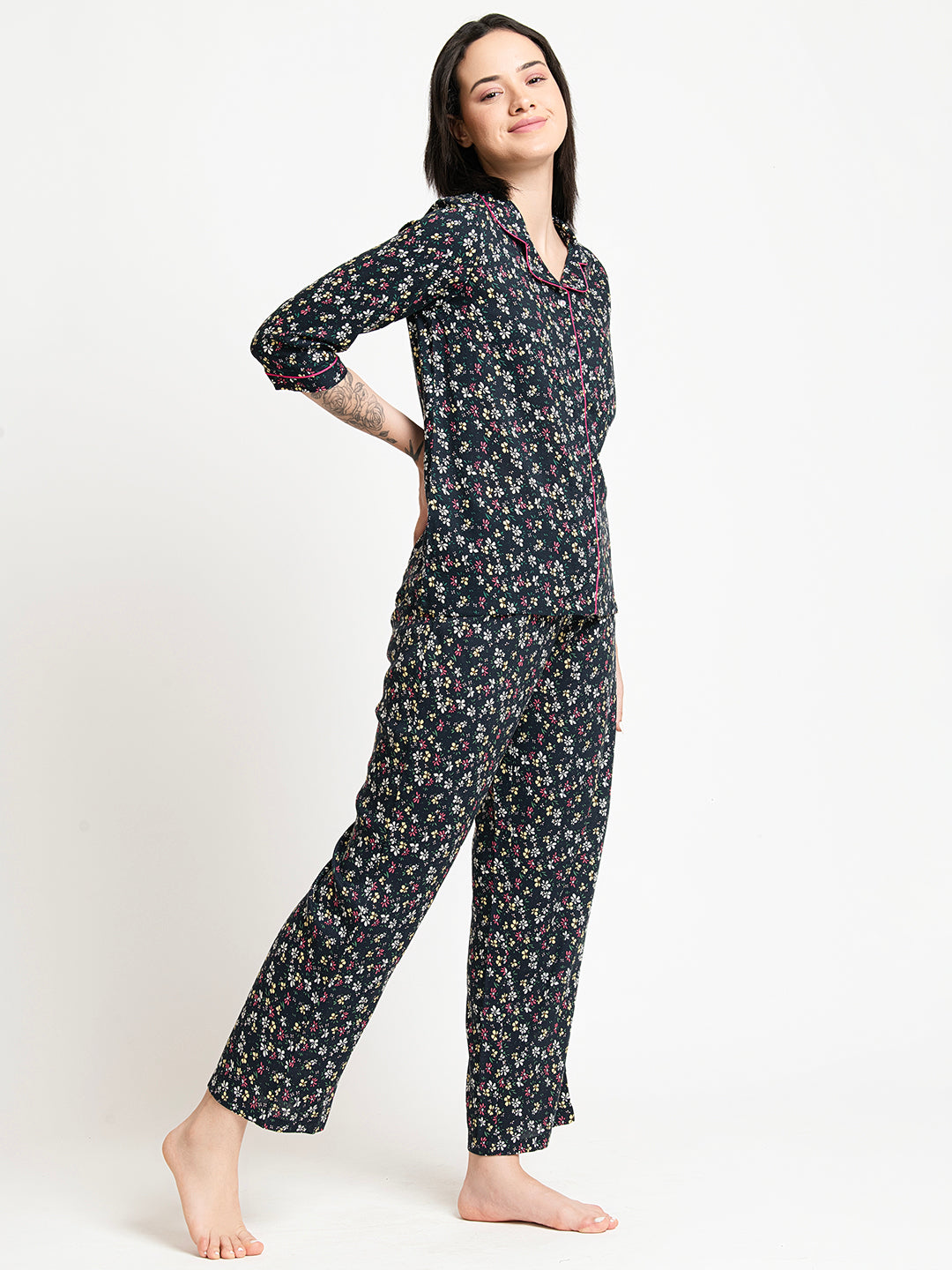 Black Floral Printed Night Suit