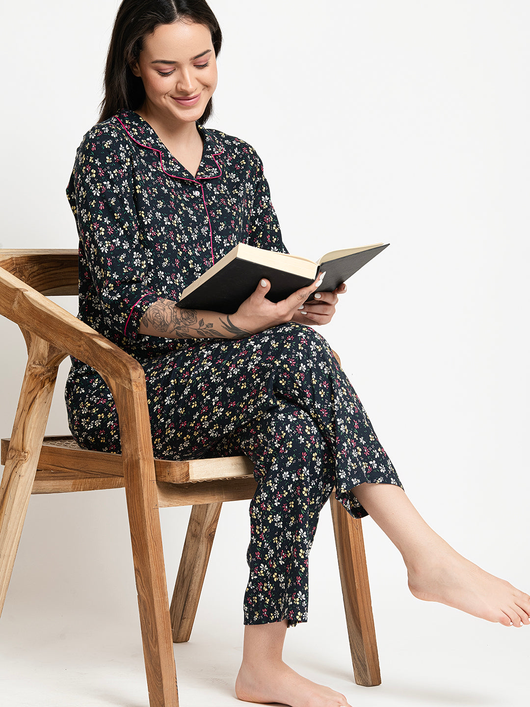 Black Floral Printed Night Suit