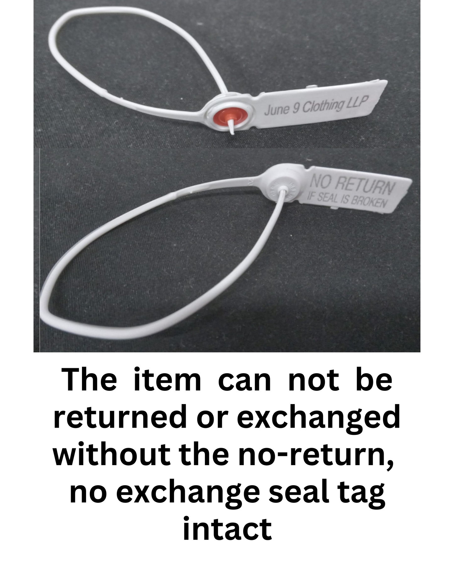 Two security seals with 'No Return' labels on a dark background